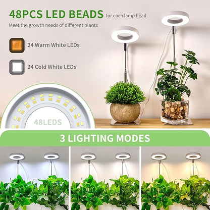 Brightown Plant Grow Light, LED Growing Light for Indoor Plants, 2 Pack 2-Head Adjustable Height Growing Lamp with Timer, 3 Dimmable Brightness Levels, Low Safe Voltage, Perfect for Small Plants
