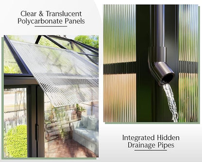 Jocisland 14x9.5x9 FT Outdoor Aluminum Greenhouse with Quick Connect Fittings, 6 FT Height Double Doors with Hook, Polycarbonate Walk-in Greenhouse for Backyard, Black