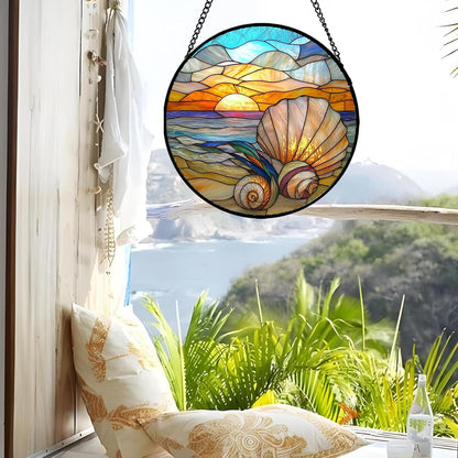 Stained Glass Window Hanging - Colorful Beach Shells Conch Sun Catcher for Door Home Decor Ocean Suncatcher Christmas Mother's Day Birthday Sea Lover Gifts for Women Men Mom Nana 15 in