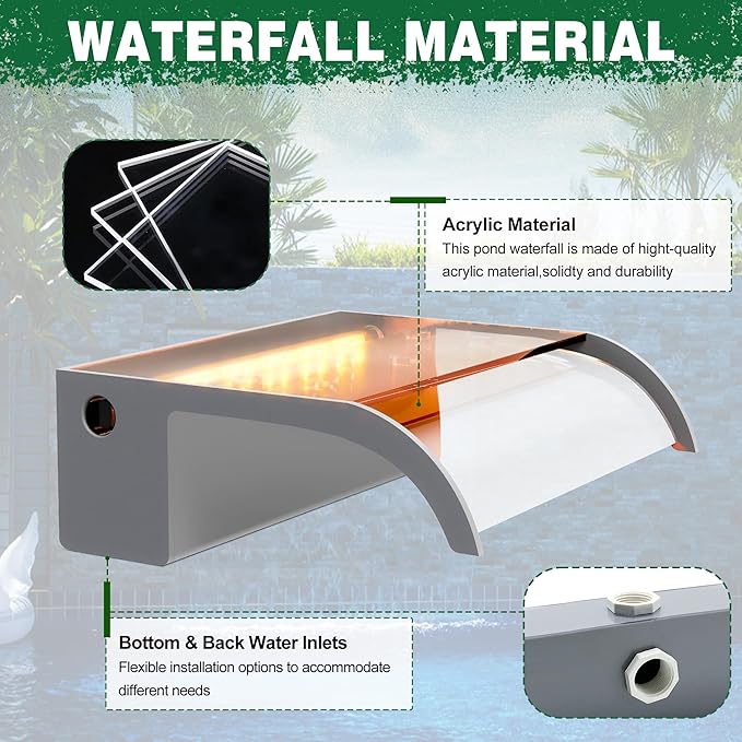 Pool Fountain, LONGRUN Waterfall Spillway for Koi Ponds - 23.6" Transparent Acrylic Waterfall with APP Control & Multi-Color LED Lights for Swimming Pool, Garden Pond, Patios, Spa Decoration