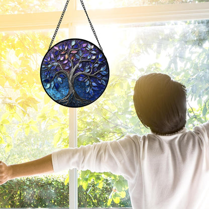 Stained Glass Window Hanging, Blue Purple Tree of Life Sun Catchers Colorful Glass Panel Plants Suncatcher Decor for Birthday for Women,Men,Wife, Lovers, and Mom 6.3 in