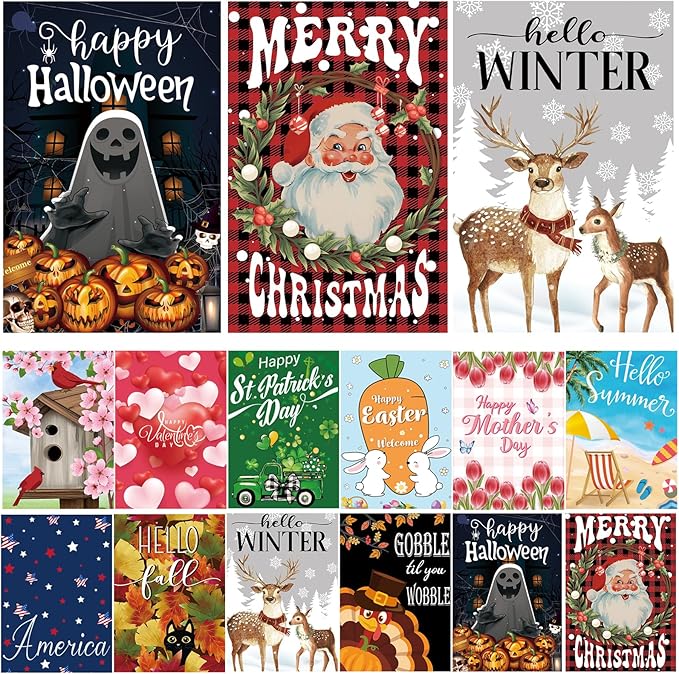 Seasonal Garden Flags Set of 12 Double Sided 12x18 Inch Yard Flags, Small Garden Flags for Outside Featuring Christmas Halloween Fall Winter Spring Easter for Outdoor Garden Holiday Decor All Seasons