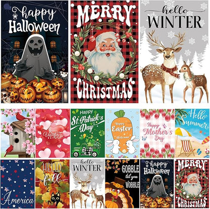 Seasonal Garden Flags Set of 12 Double Sided 12x18 Inch Yard Flags, Small Garden Flags for Outside Featuring Christmas Halloween Fall Winter Spring Easter for Outdoor Garden Holiday Decor All Seasons