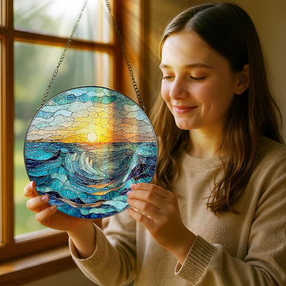 Stained Glass Window Hanging, Pauyadu 8 Inch Beach Stained Glass Suncatcher, Window Decoration Hanging, Sunrise Lover Gift, Natural Gift, Beach Home Decor, Gifts for Family, Friends, Colleagues