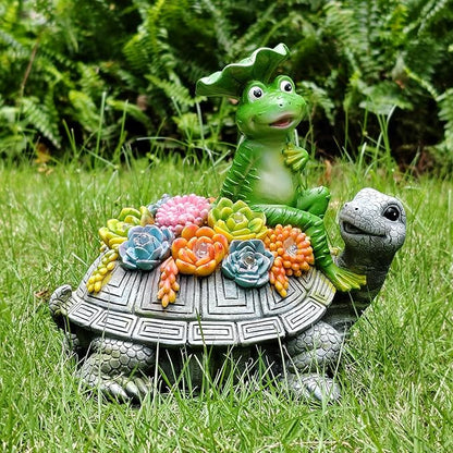 ILLUMINEW Solar Garden Outdoor Statues Turtle& Frog with Succulent and 8 LED Lights, Turtle Carrying Lotus Leaf Frog Figurines, Lawn Decorations for Patio Yard Gifts for Mom Grandma Housewarming