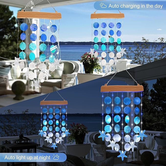Toodour Solar Wind Chimes for Outside, Birthday Gifts for Women Mom Grandma, Waterproof 2 Modes Shells Solar Powered Outdoor Lights for Patio Holiday Garden Porch Yard Outdoor Decor - White & Blue