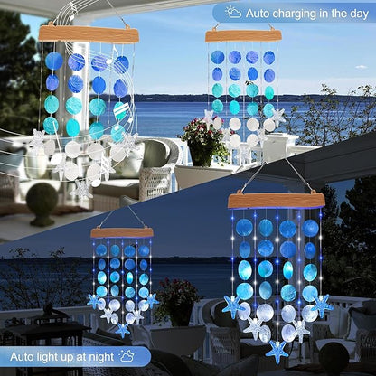 Toodour Solar Wind Chimes for Outside, Birthday Gifts for Women Mom Grandma, Waterproof 2 Modes Shells Solar Powered Outdoor Lights for Patio Holiday Garden Porch Yard Outdoor Decor - White & Blue