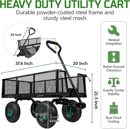 Taifa Heavy Duty Utility Steel Garden Cart 880 Lbs Capacity with Detachable Side Panels Convert to Flatbed for Yard Lawn and Farm, Metal Wagon with 180° Rotating Handle, Black