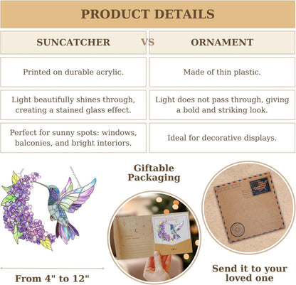 Purple Floral Hummingbird Acrylic Suncatcher Stained Glass Effect Window Car Hanging Christmas Ornament Indoor Outdoor Decor Garden Boho Sun Catcher for Bird Lover for Women Mom Grandma