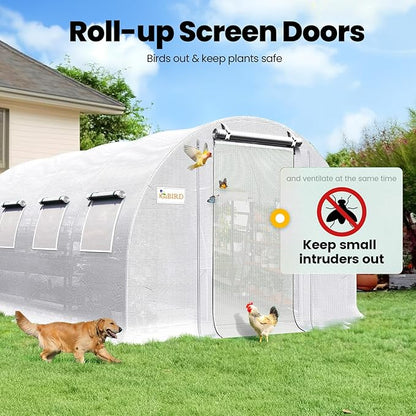 KING BIRD Premium 20x10x6.6FT Greenhouse for Outdoors, Large Walk-in Upgraded Galvanized Metal Frame, Mesh Door Screen Window Improved Zipper Tunnel Hoop for Garden Plant Winter, 2 Stiffeners, White