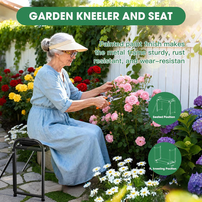 Heavy Duty Garden Kneeler and Seat for Elderly, 400lbs Capacity Foldable Gardening Stool with Support Legs & Thick Pad, Includes Large Tool Organizer Bag, Black