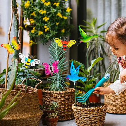 Juegoal 6 Pack Metal Yard Stakes Spring Decor, Outdoor Metal Colorful Butterfly Hummingbird & Bee Shaking Head Yard Art, Rust Proof Metal Plant Sticks for Yard Lawn Pathway Patio Ornaments