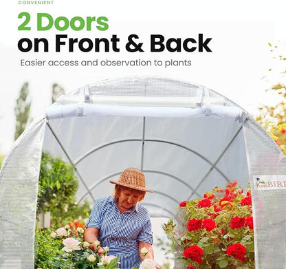 KING BIRD Premium 15x6.6x6.6FT Greenhouse for Outdoors, Large Walk-in Upgraded Galvanized Metal Frame, Mesh Door Screen Window Improved Zipper Tunnel Hoop for Garden Plant Winter, White