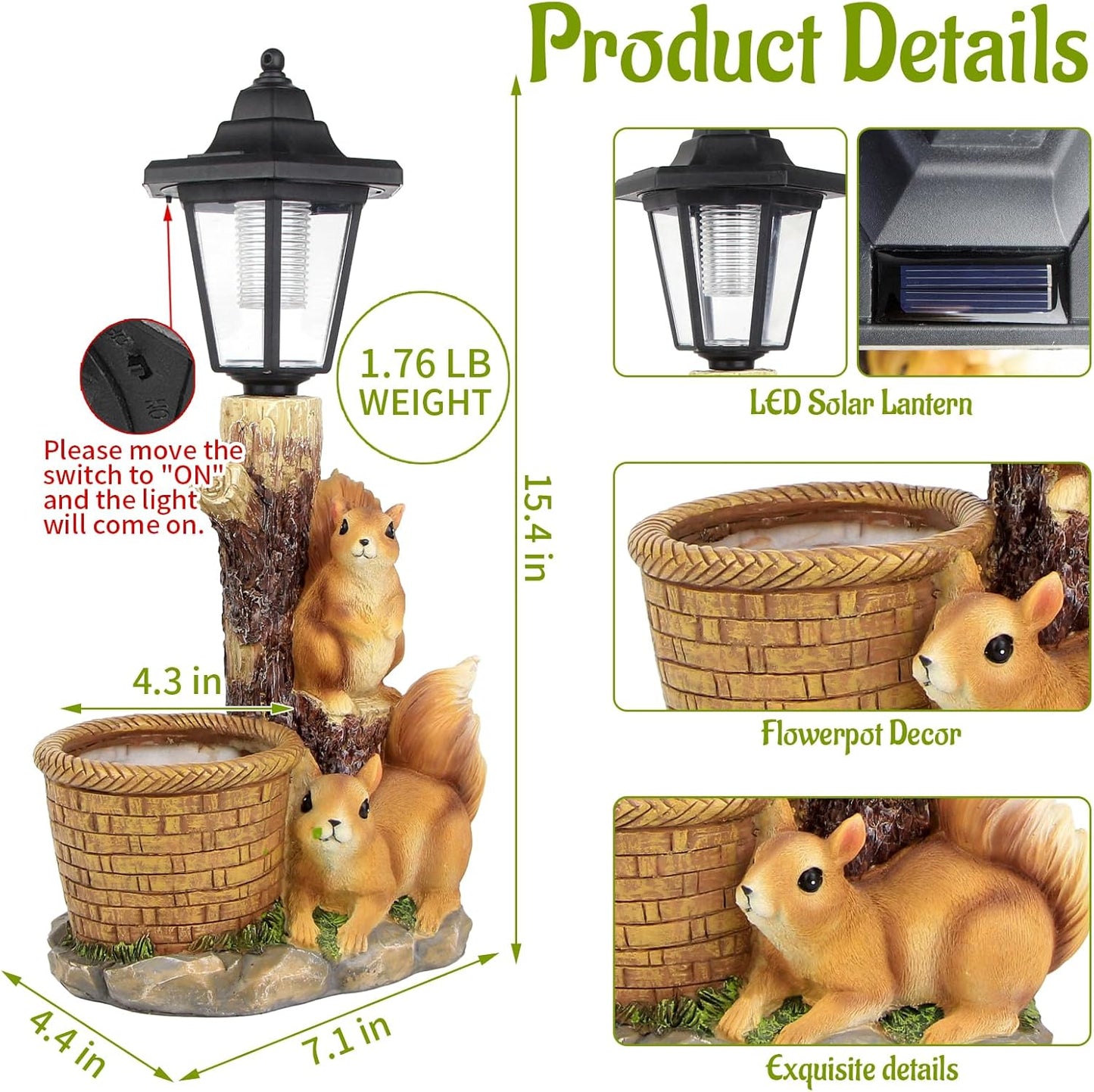 Solar Squirrels Outdoor Statues, Garden Sculptures with Flowerpot Decor & Solar Lantern for Yard Art Lawn Ornaments Porch Patio Balcony - Birthday Gifts for Women Mom