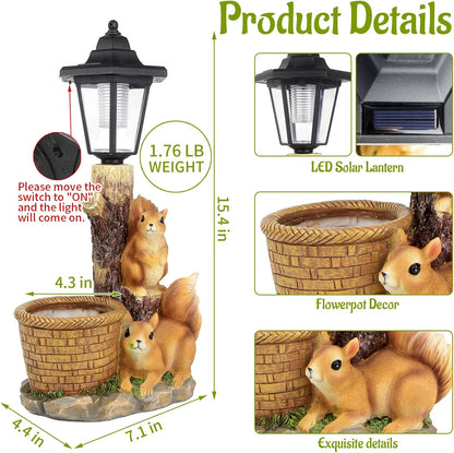 Solar Squirrels Outdoor Statues, Garden Sculptures with Flowerpot Decor & Solar Lantern for Yard Art Lawn Ornaments Porch Patio Balcony - Birthday Gifts for Women Mom