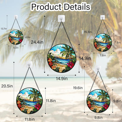 Stained Glass Window Hanging, Blue Beach Scenery Suncatcher Diamond Glass Panel Hangings Sun Catchers Decor for Birthday for Women, Men, Wife, Aunt, and Mom 14.9x14.9 in