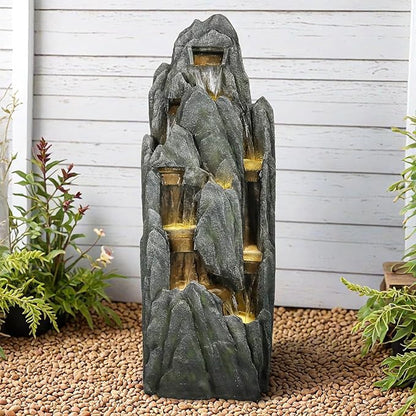 SunJet Outdoor Rockery Water Fountain with LED Lights - 51" Tall Resin Cascading Fountains and Waterfalls Feature for Patio, Yard, Garden Decor, Featuring Realistic Natural Stone Look