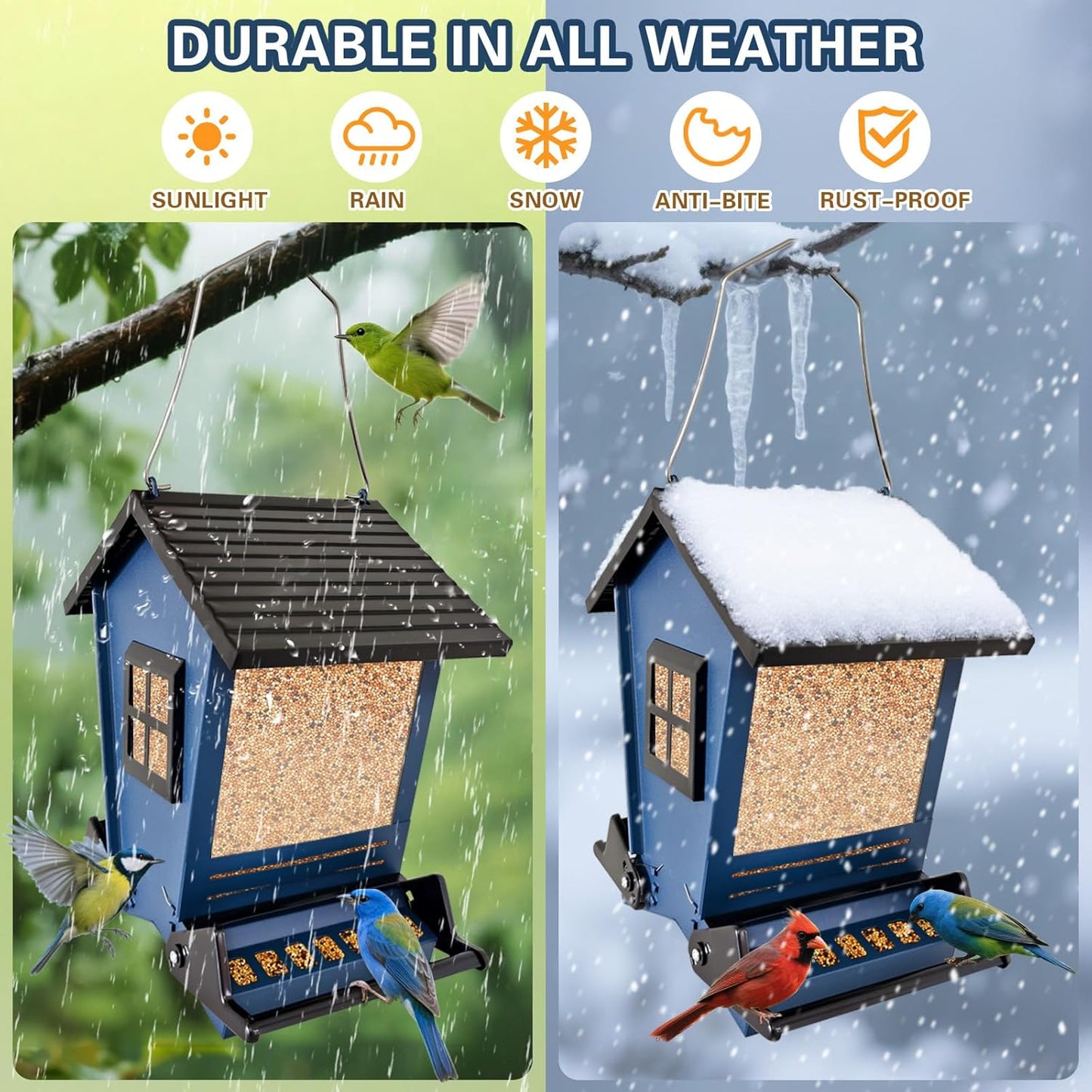 Squirrel Proof Bird Feeders for Outdoors Hanging, 5LB Capacity Metal Wild Birdfeeders Outside Hanging, Cardinal Bird Feeder Squirrel Proof as Various Finch Feeders for Outside (Blue)