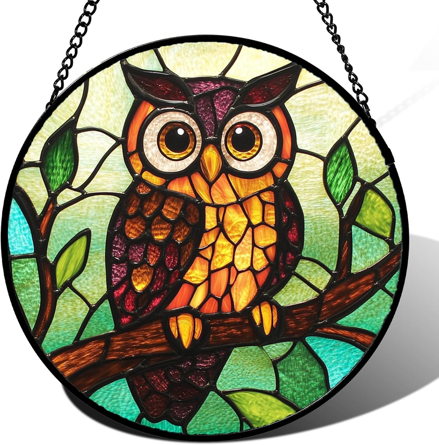Stained Glass Window Hanging - Owl on a Branch Suncatcher for Doors Window Home Orange Brown Sun Catchers Decor Christmas Mother's Day Birthday Gifts for Teacher Women Men Mom Nana 6.3 in