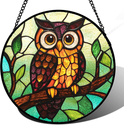 Stained Glass Window Hanging - Owl on a Branch Suncatcher for Doors Window Home Orange Brown Sun Catchers Decor Christmas Mother's Day Birthday Gifts for Teacher Women Men Mom Nana 7.8 in