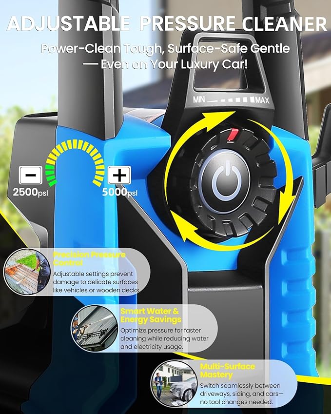 Pressure Cleaner 5000 PSI 3.0 GPM Adjustable Pressure, High Power Cleaner with 33ft Pressure Hose, 4 Nozzles and 500ml Foam Cannon for Cars/Fences/Driveways/Patios/Home Cleaning (Blue)