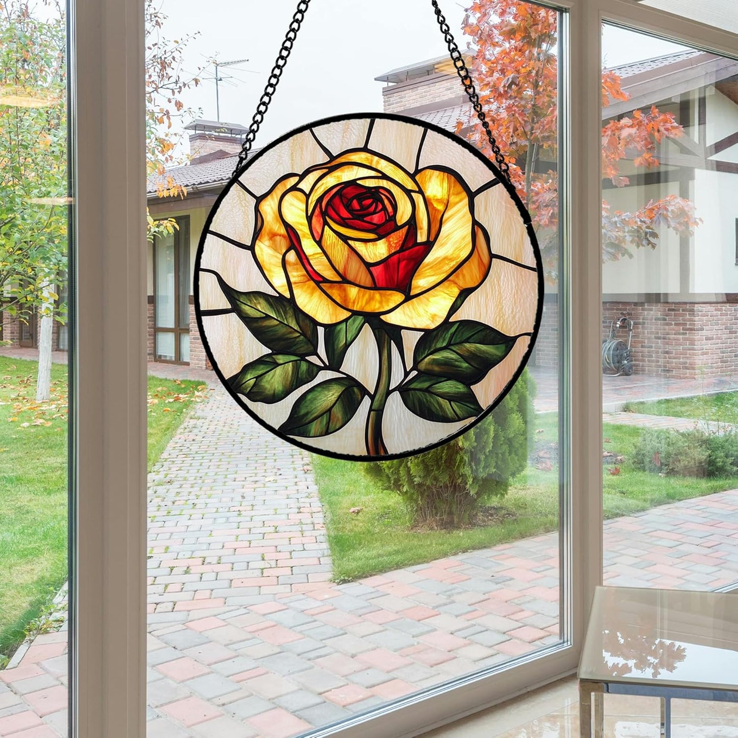 Stained Glass Window Hanging - Elegant Yellow Rose Flower Sun Catcher for Door Garden Home Decor Suncatcher Christmas Mother's Day Birthday Gifts for Women Mom Girl Nana Friend 7.8 in