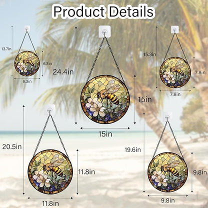 Stained Glass Window Hanging, Vintage Bee Yellow Flower Sun Catcher for Window Door Home Decor Suncatcher Christmas Mother's Day Birthday Gifts for Women Men Mom and Nana 6.3 in