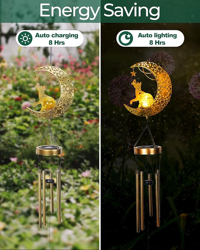 Solar Garden Outdoor Decor, Moon Cat Hanging Wind Chimes, Housewarming Ornament for Patio, Lawn, Yard, Pathway - Unique Gift Ideas for Gardening Mom Grandma Women