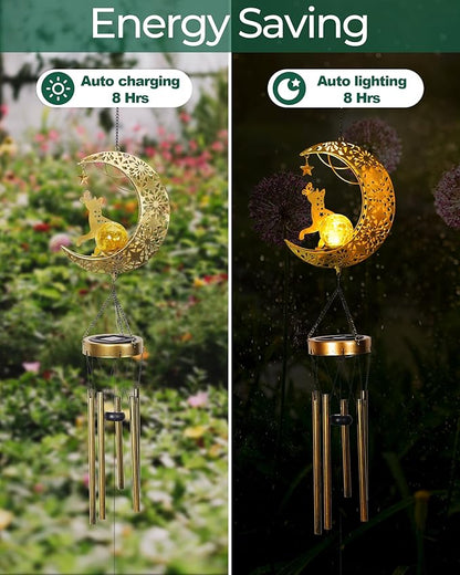Solar Garden Outdoor Decor, Moon Cat Hanging Wind Chimes, Housewarming Ornament for Patio, Lawn, Yard, Pathway - Unique Gift Ideas for Gardening Mom Grandma Women