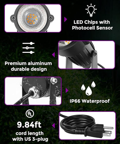LOHAS Landscape Purple Light, Spot Lights Outdoor, 10W Dusk to Dawn Sensor LED Spotlights for Yard, IP66 Waterproof Pathway Outside Lights, 9.84-ft Cord, Lawn Decor Lamp, UL Listed,2 Pack