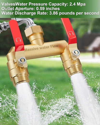 Hose Splitter 2 Way Heavy Duty, Full Flow Garden Hose Splitter with 2 Long Metal Handles, Brass Rust and Freeze Resistant Water Hose Bib Splitter, T Adapter Connector with 3/4 - Inch GHT Thread（Red）
