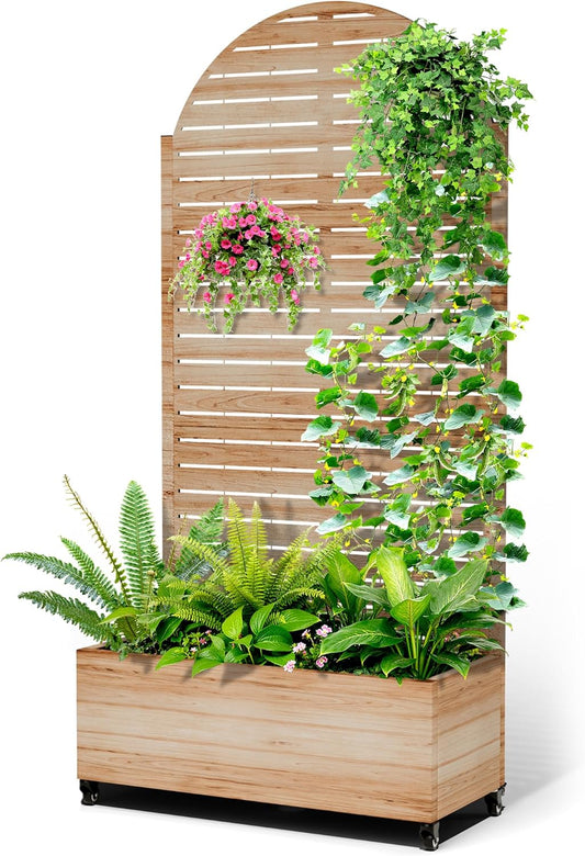 Metal Raised Garden Bed with Trellis, 2-in-1 Planter Box & Privacy Screen for Climbing Plants, Outdoor Standing Flower Bed with Drainage Holes, 35.4" L x 15.7" W x 70.1" H, Acacia Wood Grain-Louvered