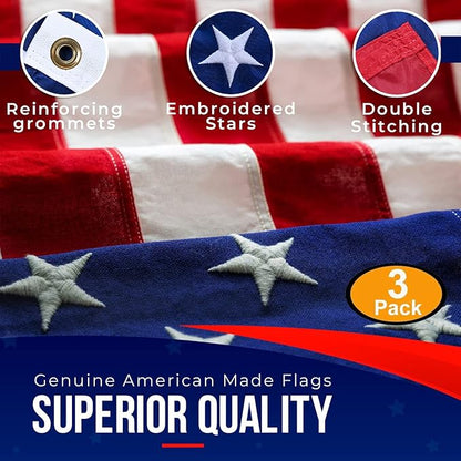 American Flags for Outside 3X5 (Pack of 3) -American Flag 3x5 with Embroidered Stars and Sewn Stripes US Flag 3x5 Heavy Duty Outdoor Made in USA for High Wind- All Weather Flags