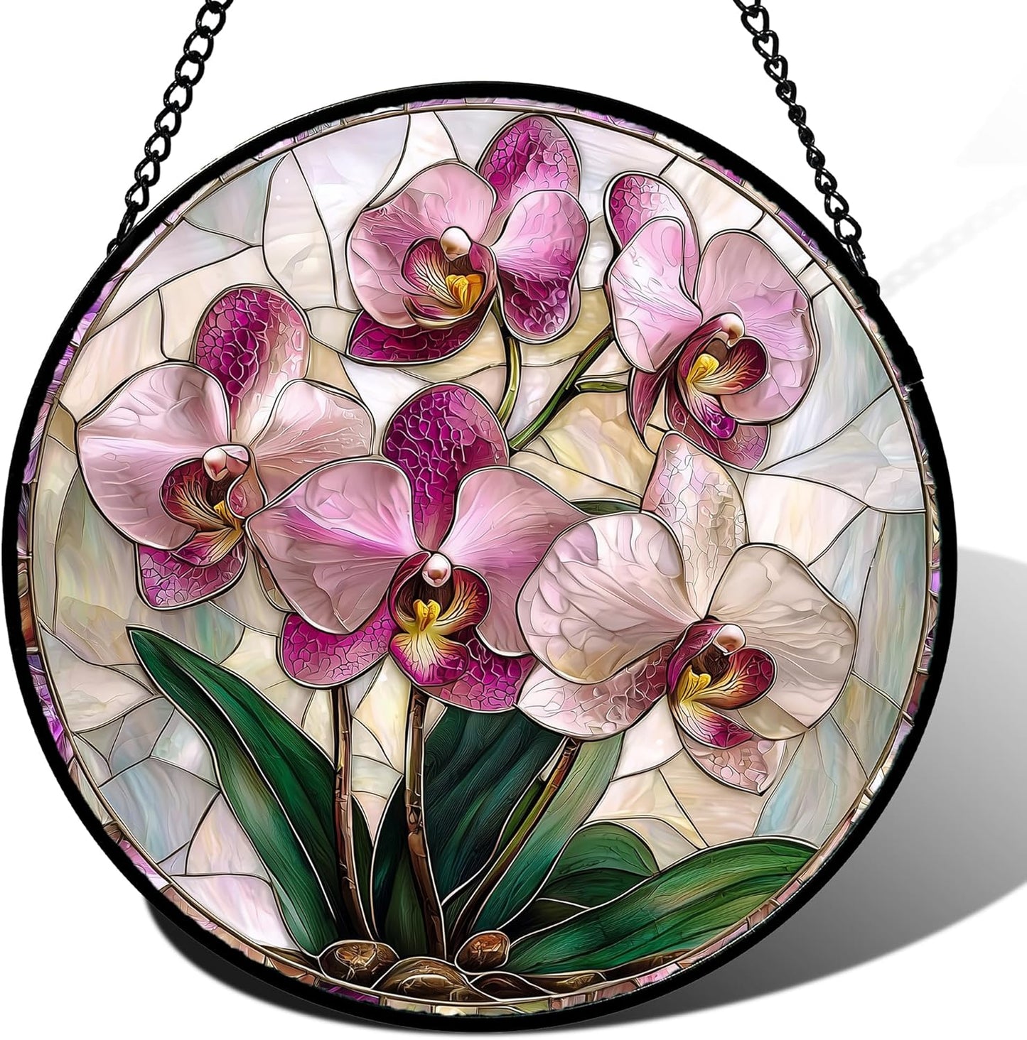 Stained Glass Window Hanging - Pink Purple Phalaenopsis Flowers Sun Catcher for Door Home Decor Plant Suncatcher Christmas Mother's Day Birthday Gifts for Women Men Mom Nana 6.3 in