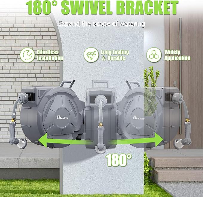 1/2" x 150 ft Retractable Hose Reel, Heavy Duty Retractable Garden Hose Reel Wall Mounted with 10-Pattern Hose Nozzle/Any Length Lock/Slow Return System/180°Swivel Bracket
