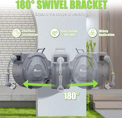 1/2" x 150 ft Retractable Hose Reel, Heavy Duty Retractable Garden Hose Reel Wall Mounted with 10-Pattern Hose Nozzle/Any Length Lock/Slow Return System/180°Swivel Bracket