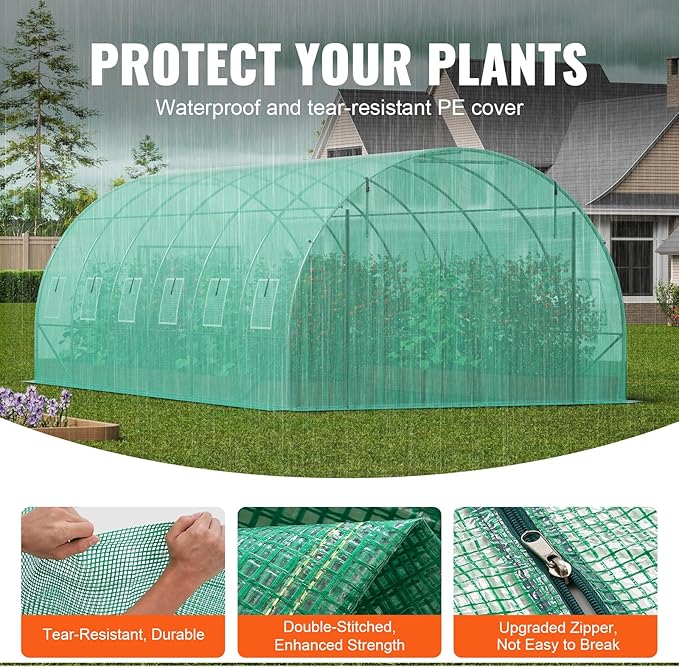 VEVOR Walk-in Tunnel Greenhouse, 19.4x9.7x6.5 ft Hoop House Greenhouse Tunnel, Plant Hot House with Galvanized Steel Frame, Green PE Cover, Roll-up Zipper Door and 12 Windows for Outdoor