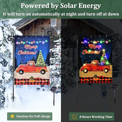 Merry Christmas Lighted Garden Flag, LED Red Truck Flag, Vertical Christmas Flag for Outdoor Yard Garden Lawn Decoration