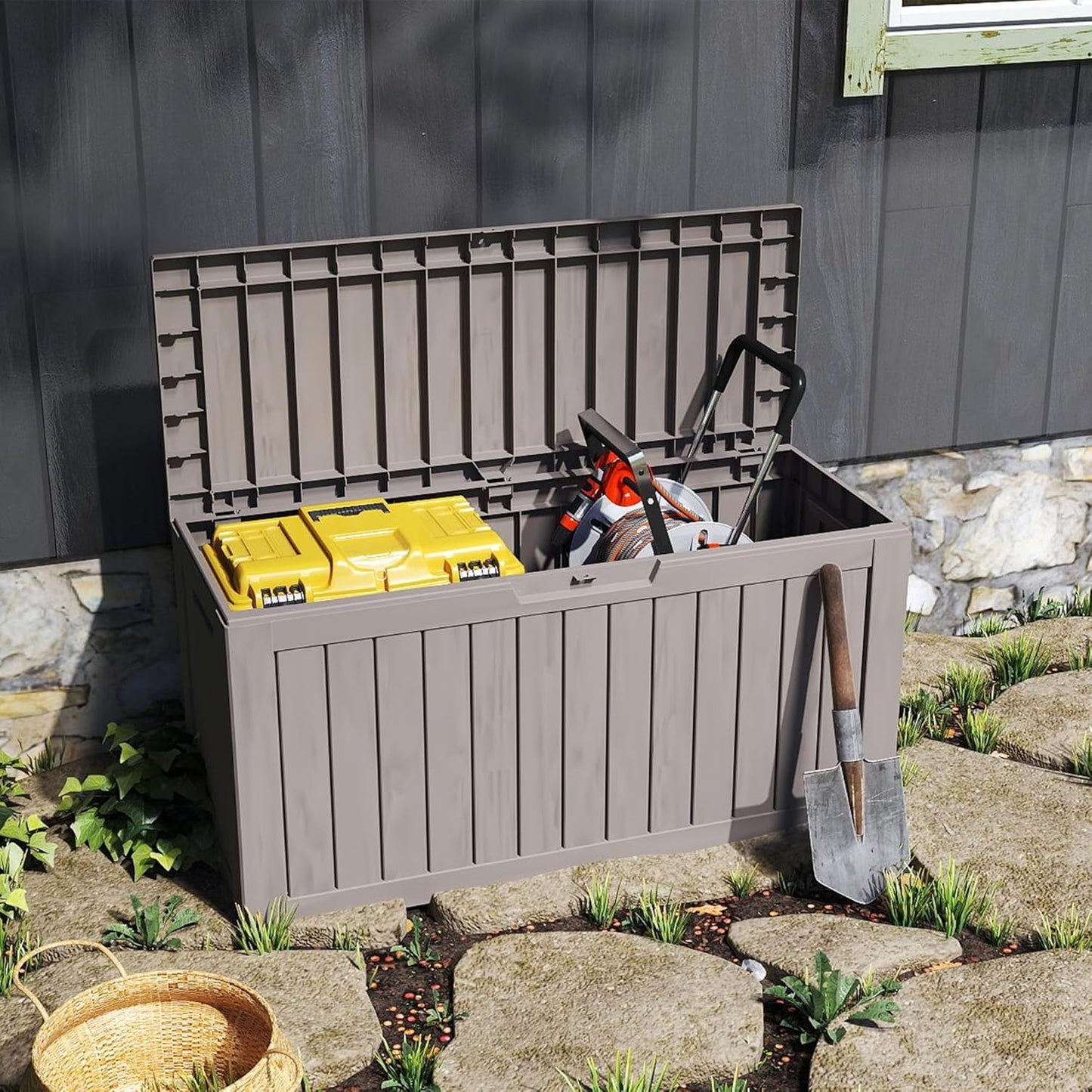 TARKARI 90 Gallon Lockable Resin Deck Box with Wheels, Waterproof & UV-Resistant Outdoor Storage Box for Outdoor Cushion Storage, Garden Tools & Pool Accessories Storage, Gray