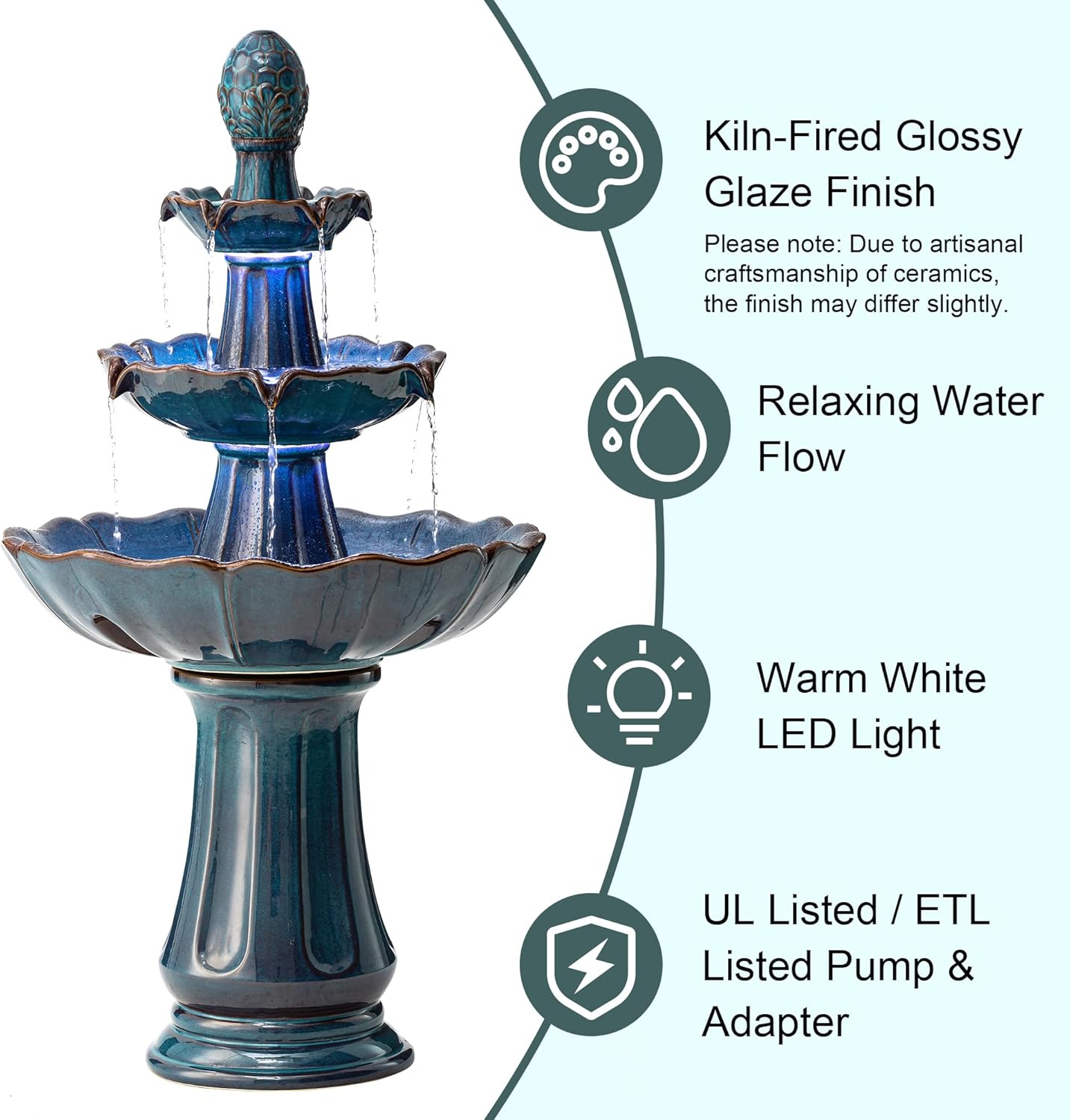 Glitzhome Outdoor Fountain and Waterfalls 3 Tier Patio Fountains, 45" H Turquoise Ceramic Water Fountain with LED Light, Pump & Adapter Garden Outdoor Floor Stand Fountains for Backyard Deck Lawn