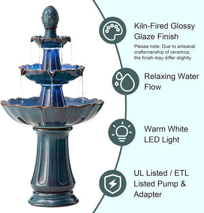 Glitzhome Outdoor Fountain and Waterfalls 3 Tier Patio Fountains, 45" H Turquoise Ceramic Water Fountain with LED Light, Pump & Adapter Garden Outdoor Floor Stand Fountains for Backyard Deck Lawn