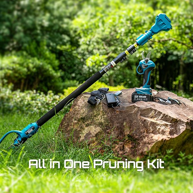 Seesii 2-in-1 Electric Pruning Shears with Pole, 15Ft Reach, 1.2" Cutting Diameter, 21V 4000mAh Battery, Cordless Pruner with Brushless Motor for Orchard, Flower, Branch, Tree Trimming