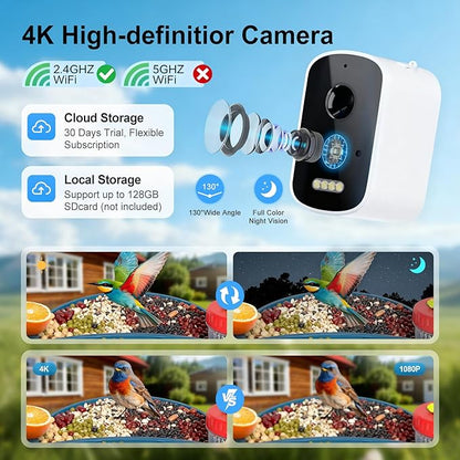 Smart Bird Feeder with Camera Solar Powered, 4K HD Video Bird House, AI Bird Species Identification, Live Stream & Night Vision, Auto-Capture & Notify, Weatherproof Design, Ideal Gifts for Lover