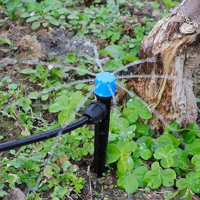 50PCS 1/4” Drip Irrigation Drippers with Lock, Kalolary Drip Irrigation Emitters for 4/7mm Tube, Adjustable 360 Degree 8 Holes Water Flow Sprayer Micro Spray Drip System Parts for Lawn Yard (Blue)