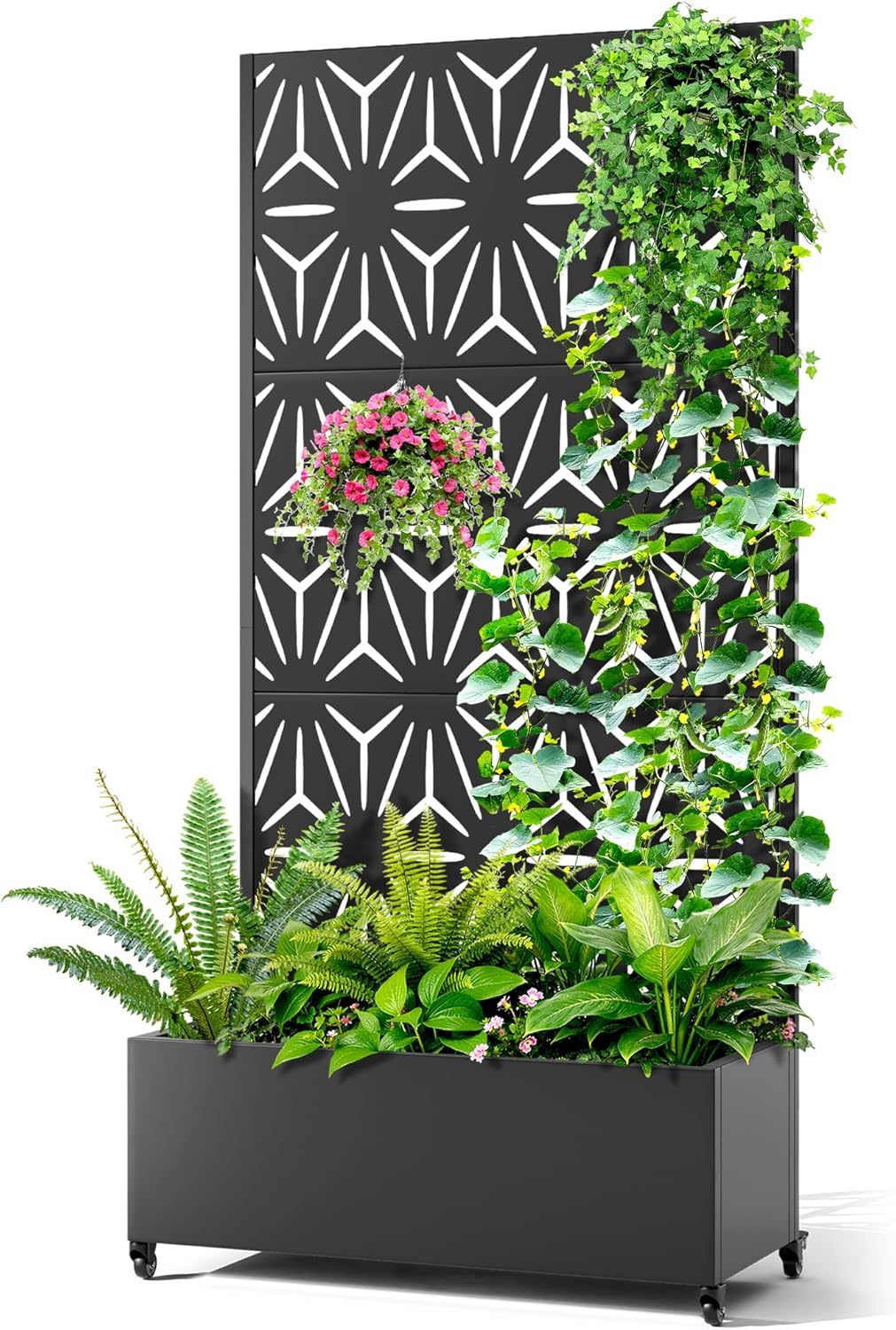 Metal Raised Garden Bed with Trellis, 2-in-1 Planter Box & Privacy Screen for Climbing Plants, Outdoor Standing Flower Bed with Drainage Holes, 35.4" L x 15.7" W x 70.1" H, Black-Star