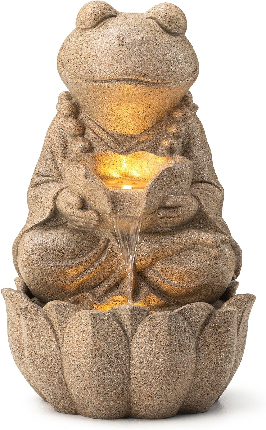 Glitzhome Outdoor Fountains and Waterfalls Zen-Style Frog Water Fountains with LED & Pump, Patio Water Fountain Yard Fountain 2 Tier Floor Waterfall for Backyard Lawn Garden Porch 22" H, Sand Beige