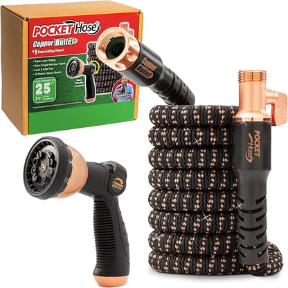 Pocket Hose Copper Bullet Expandable Garden Hose 25 FT w/10 Pattern Thumb Spray Nozzle AS SEEN ON TV 650psi 3/4 in Patented Lead-Free Ultra-Lightweight Solid Copper Anodized Aluminum Fittings No-Kink