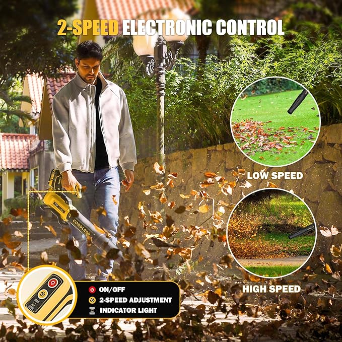 Leaf Blower Cordless with 2× 4.0Ah Batteries and Charger, 560CFM & 180MPH Lightweight Leaf Blower, 2 Speed Electronic Control, 20V Electric Blower for Driveway, Lawn & Yard Care