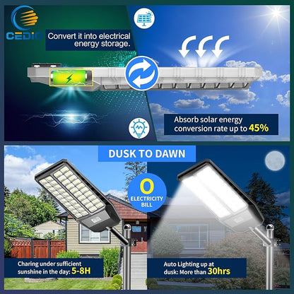 CEDIO Outdoor Solar Street Lights, Solar Lights IP66 Waterproof LED Street Light Dusk to Dawn, Flood Light with Motion Sensor for Yard (9800W-1PACK)