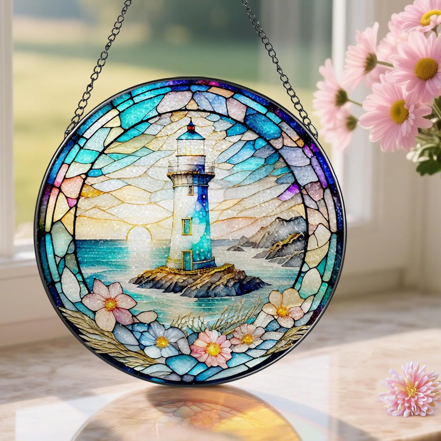 Stained Glass Window Hanging, Pauyadu Lighthouse Sun Catchers, Stained Glass Suncatcher, Lighthouse Decor Gifts for Women, Men, Lovers, Friend, Family and Partners- 8 Inch